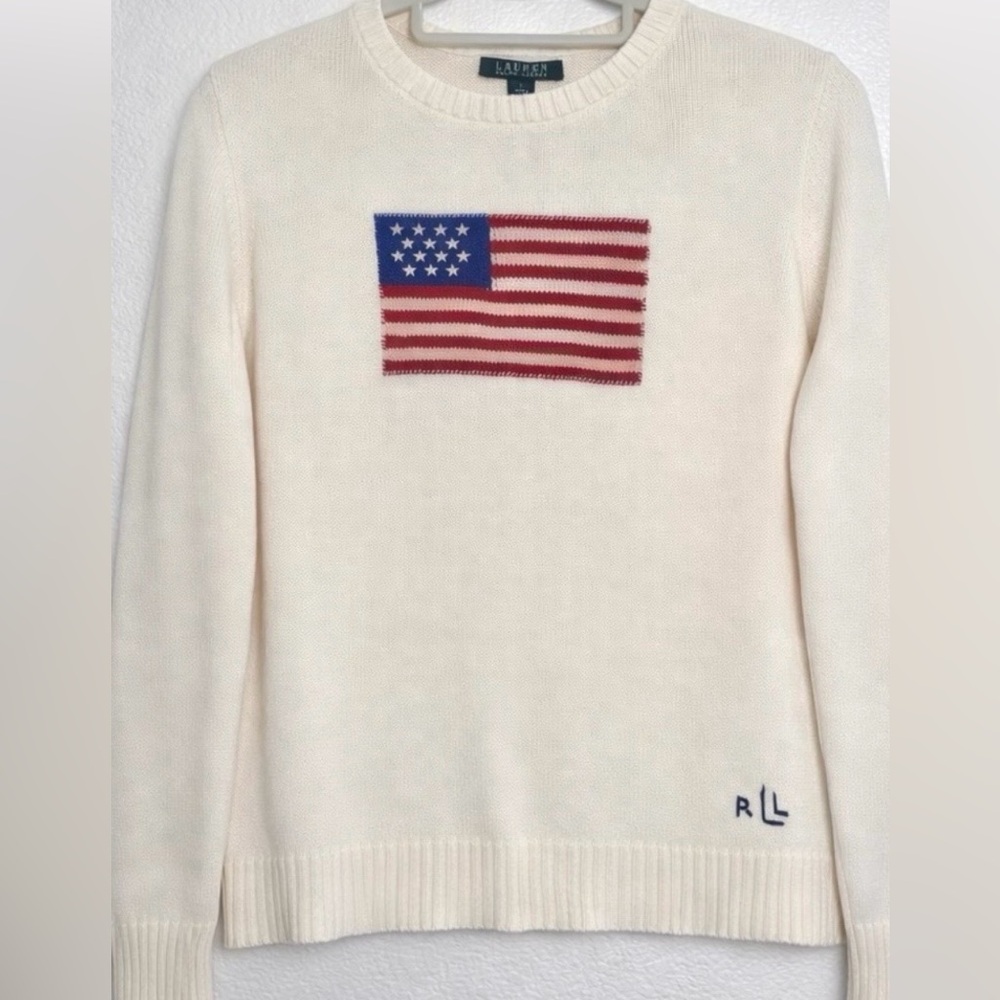 Ralph Lauren Cream Crewneck Sweater with Flag Patch